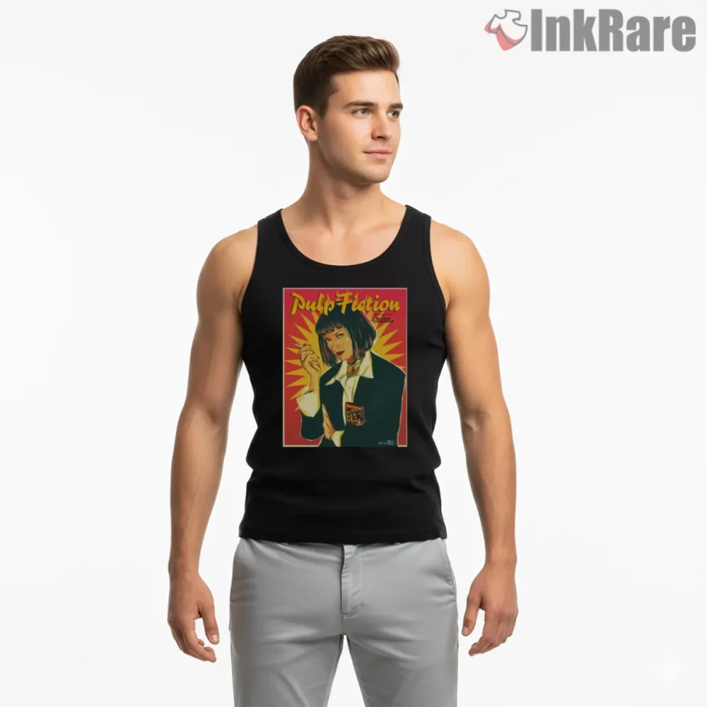 Pulp Fiction Uma Thurman Retro Poster Shirt on black tank top for men graphic tee