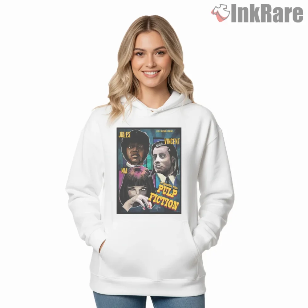 Pulp Fiction Vintage Movie Cover Shirt on white hoodie for women graphic tee