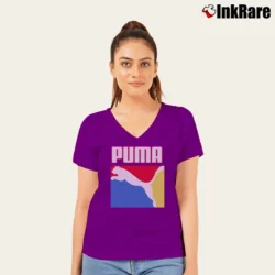 Women’s Puma Graphic Box Logo V-Neck Tee in purple | Chic Neckline, Soft Texture