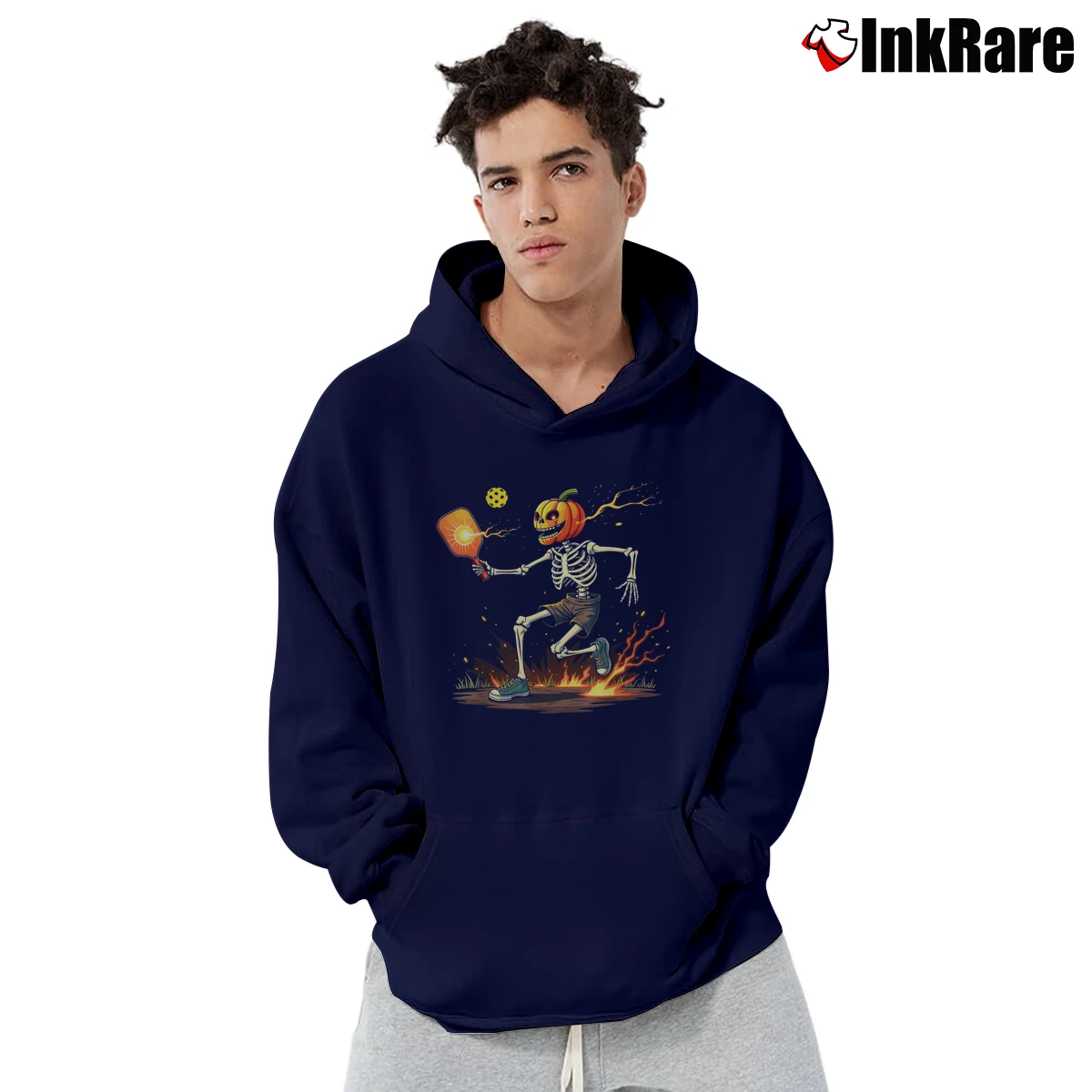 Men’s Pumpkin Head Skeleton Pickleball Halloween Pullover Hoodie in navy | Cozy, Durable, Modern Fit