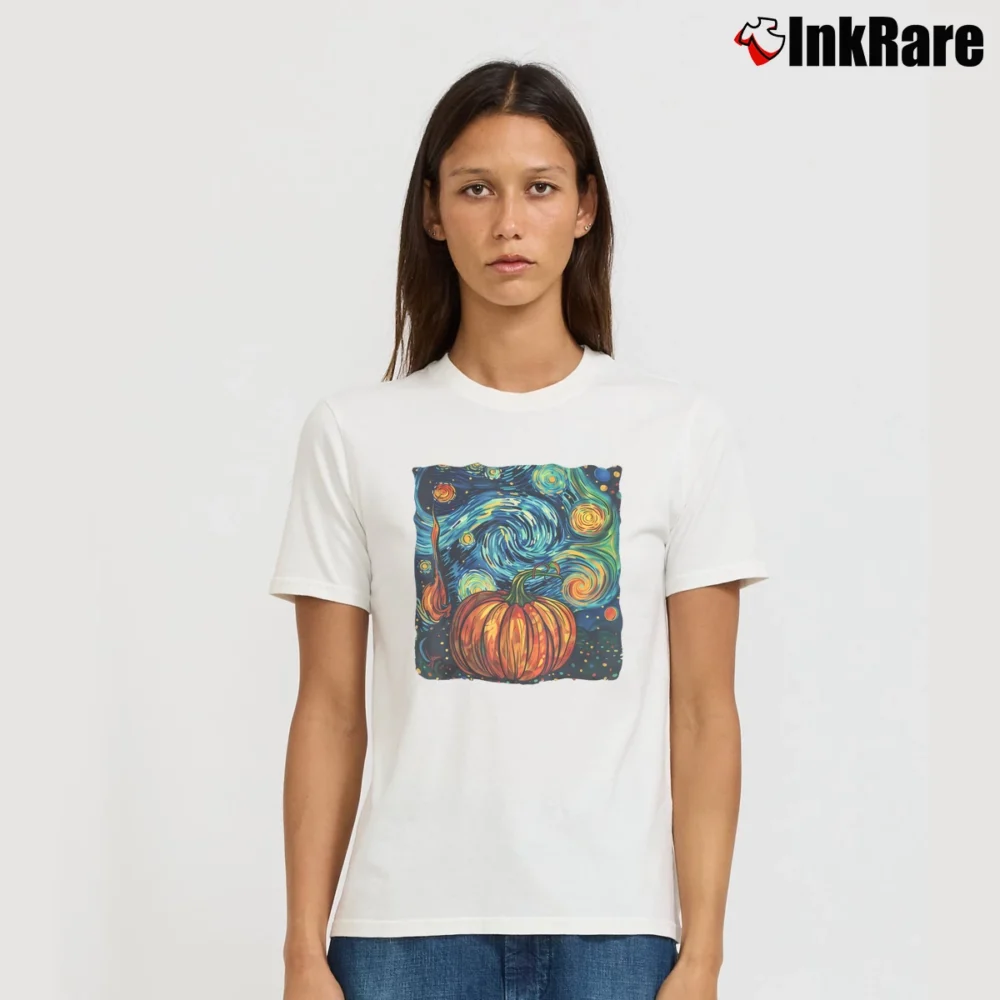 Women’s Pumpkin Starry Night Van Gogh Fall Halloween T-Shirt in white | Soft, Flattering Fit