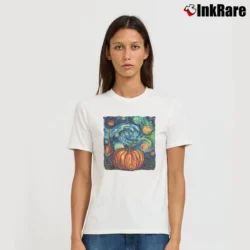 Women’s Pumpkin Starry Night Van Gogh Fall Halloween T-Shirt in white | Soft, Flattering Fit