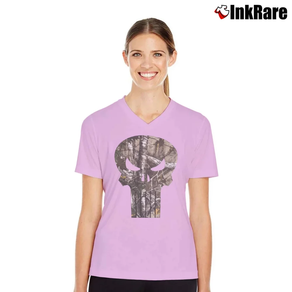 Women’s Punisher Realtree Camo Graphic Marvel Comics V-Neck Tee in light pink | Chic Neckline, Soft Texture