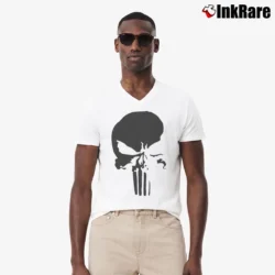 Men’s Punisher Savage Black Logo Marvel Comic V-Neck Tee in white | Sharp, Breathable, Everyday Staple