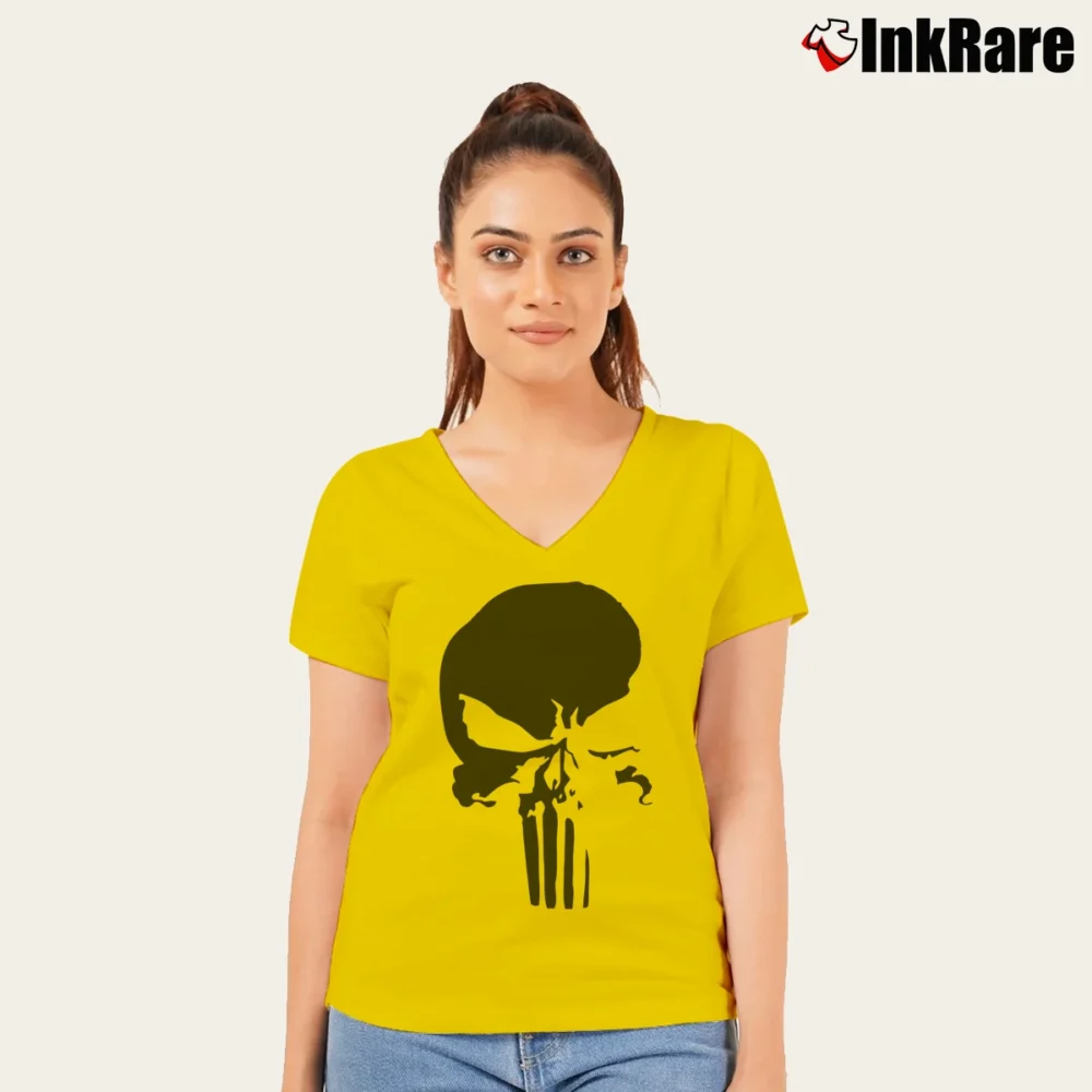 Women’s Punisher Savage Black Logo Marvel Comic V-Neck Tee in yellow | Chic Neckline, Soft Texture