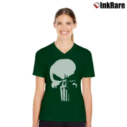 Women’s Punisher Savage White Logo Marvel Daredevil V-Neck Tee in forest green | Chic Neckline, Soft Texture