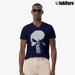 Men’s Punisher Savage White Logo Marvel Daredevil V-Neck Tee in navy | Sharp, Breathable, Everyday Staple