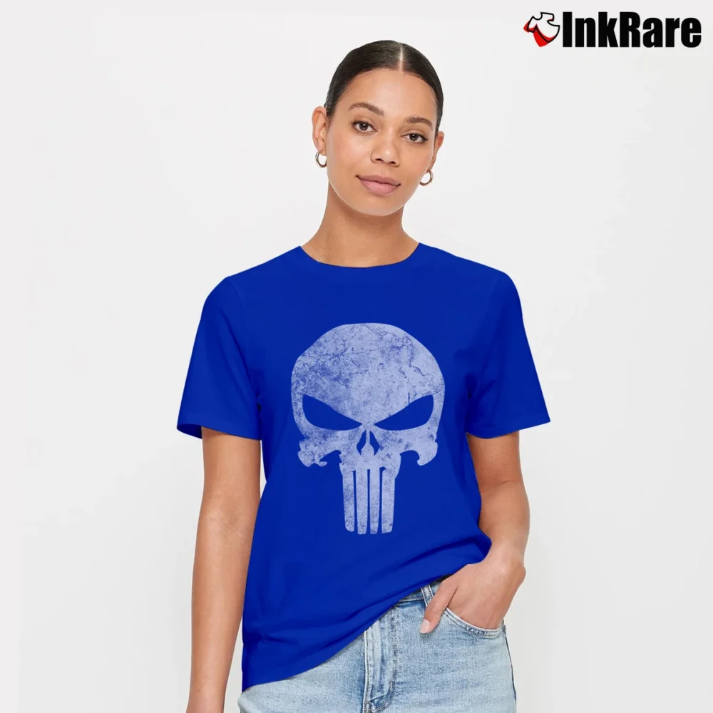 Women’s Punisher Skull Symbol Distressed Marvel Signature T-Shirt in royal blue | Soft, Flattering Fit