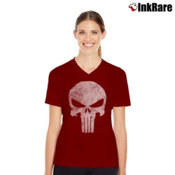 Women’s Punisher Skull Symbol Distressed Marvel V-Neck Tee in maroon | Chic Neckline, Soft Texture
