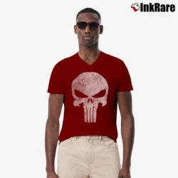 Men’s Punisher Skull Symbol Distressed Marvel V-Neck Tee in maroon | Sharp, Breathable, Everyday Staple