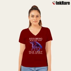 Women’s Purple Dragon Assuming Im Just Funny Graphic V-Neck Tee in maroon | Chic Neckline, Soft Texture