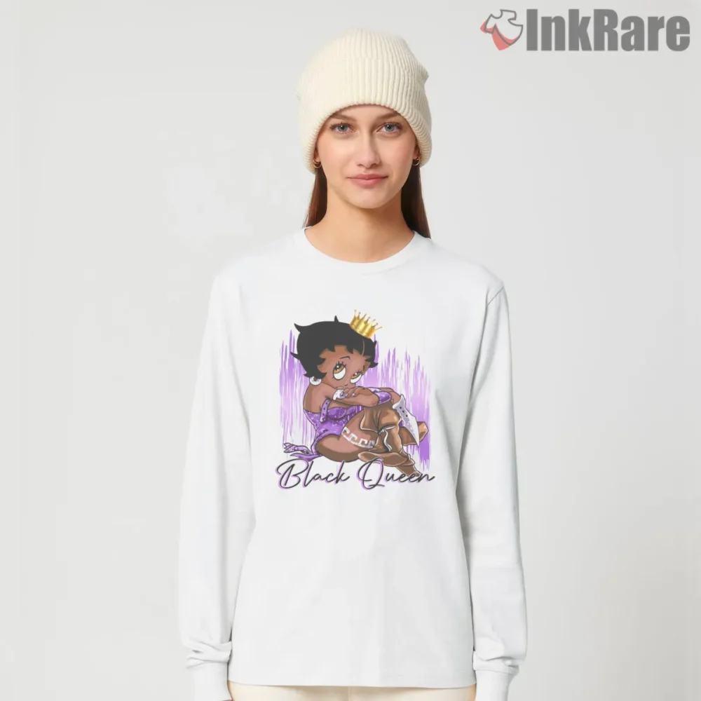 Purple Gown Black Queen Betty Boop Afrocentric Shirt on white long sleeve shirt for women graphic tee