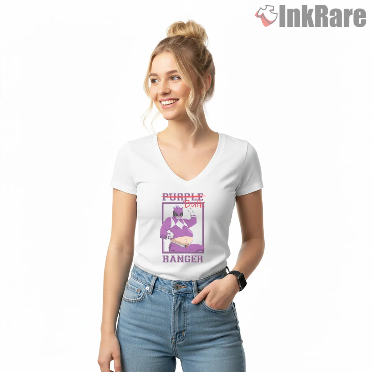 Purple Ranger Bulk Comedy Parody Shirt on white v-neck shirt for women graphic tee
