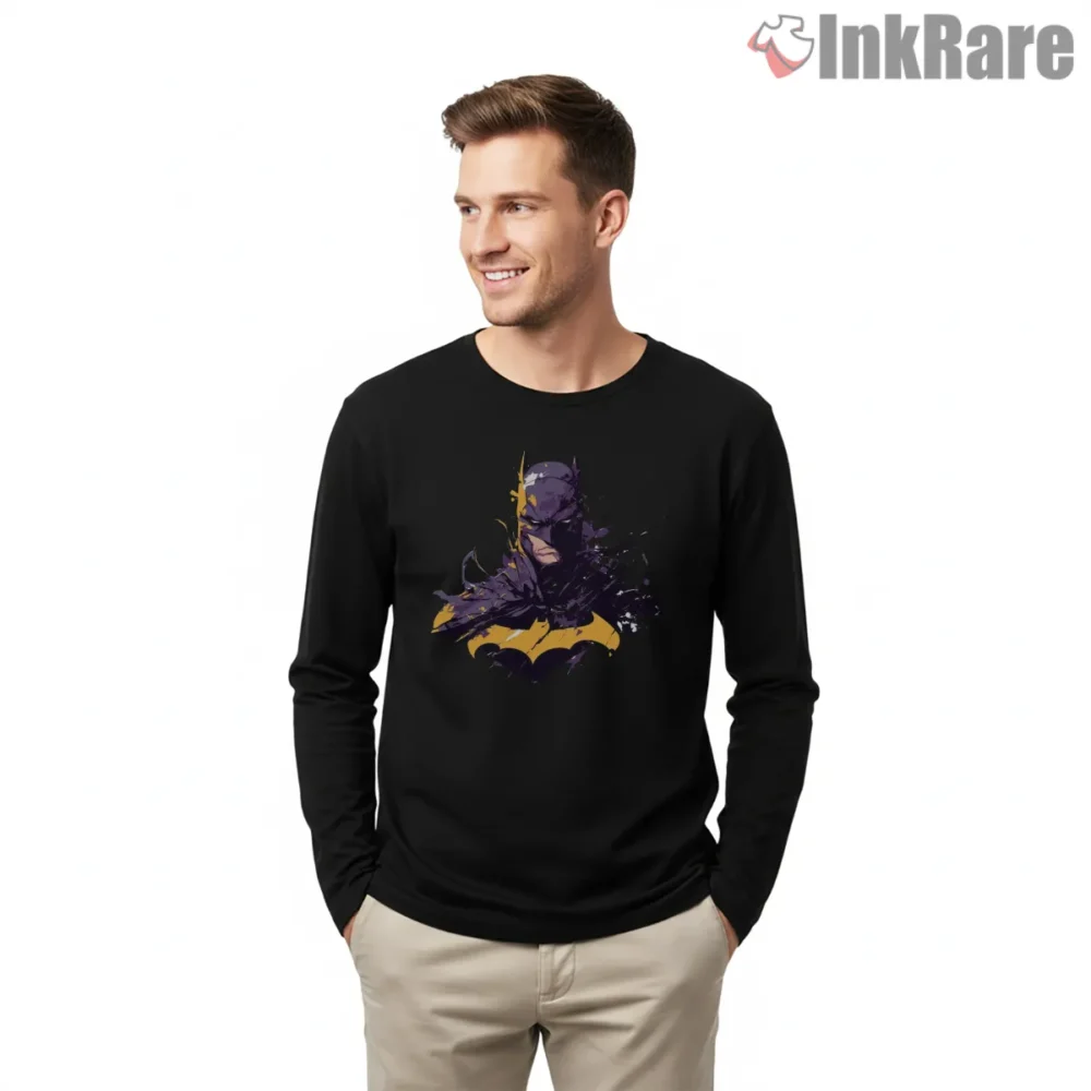 Purple Tempest Cowl Batman Shirt on black long sleeve shirt for men graphic tee