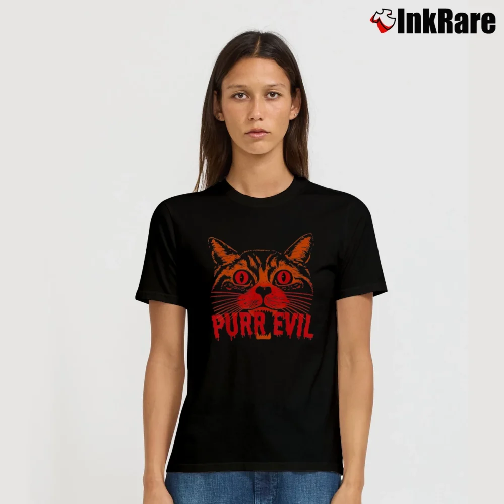 Women’s Purr Evil Satanic Cat Spooky Halloween T-Shirt in black | Soft, Flattering Fit