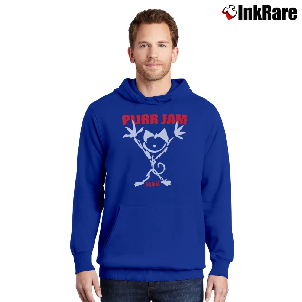 Men’s Purr Jam Cat Music Graphic Pullover Hoodie in royal blue | Cozy, Durable, Modern Fit