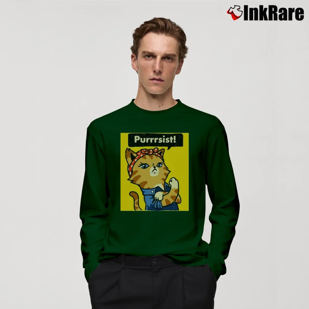 Men’s Purrrsist Cat Purrsist Motivational Long-Sleeve Shirt in forest green | Sleek, Lightweight, Year-Round Wear