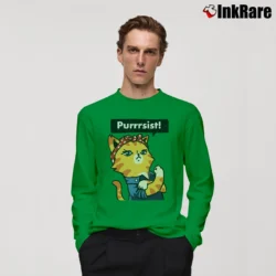 Men’s Purrrsist! Resist Persist Pussy Cat Funny Long-Sleeve Shirt in irish green | Sleek, Lightweight, Year-Round Wear