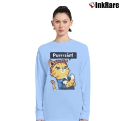 Women’s Purrrsist! Resist Persist Pussy Cat Funny Long-Sleeve Top in light blue | Sleek, Versatile, All-Season