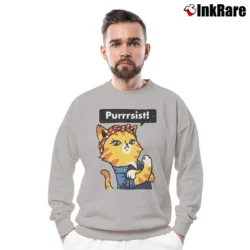 Men’s Purrrsist! Resist Persist Pussy Cat Funny Crewneck Sweatshirt in sport grey | Cozy Fabric, Clean Style