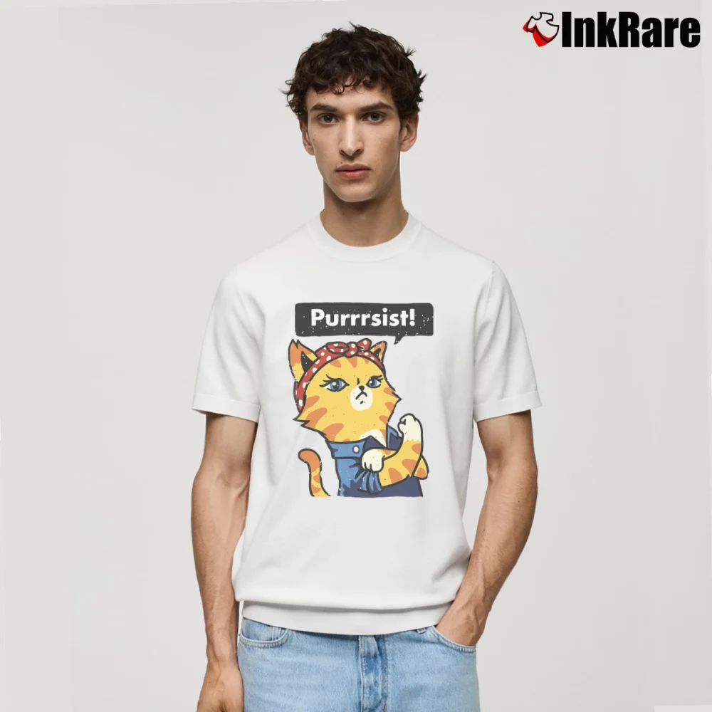 Men’s Purrrsist! Resist Persist Pussy Cat Funny Classic T-Shirt in white | Soft, Breathable Everyday Wear