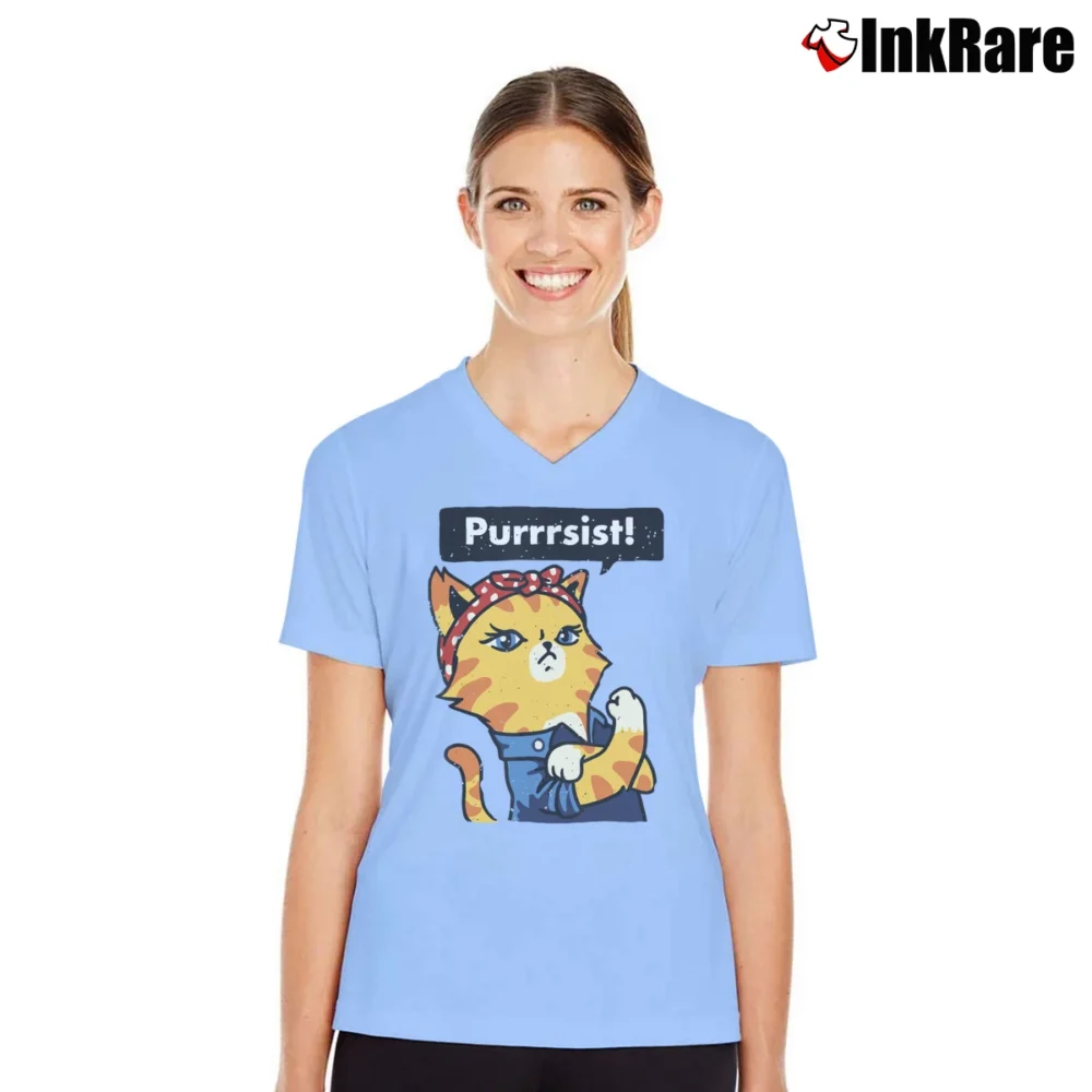Women’s Purrrsist! Resist Persist Pussy Cat Funny V-Neck Tee in light blue | Chic Neckline, Soft Texture