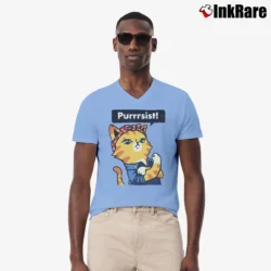 Men’s Purrrsist! Resist Persist Pussy Cat Funny V-Neck Tee in light blue | Sharp, Breathable, Everyday Staple