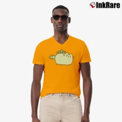 Men’s Pusheen Dino Cat V-Neck Tee in orange | Sharp, Breathable, Everyday Staple