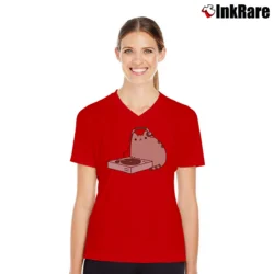 Women’s Pusheen The Cat Dj Pusheen V-Neck Tee in red | Chic Neckline, Soft Texture