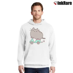 Men’s Pusheen The Cat Riding A Scooter Pullover Hoodie in white | Cozy, Durable, Modern Fit