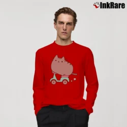 Men’s Pusheen The Cat Riding A Scooter Long-Sleeve Shirt in red | Sleek, Lightweight, Year-Round Wear