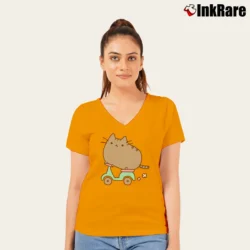 Women’s Pusheen The Cat Riding A Scooter V-Neck Tee in orange | Chic Neckline, Soft Texture