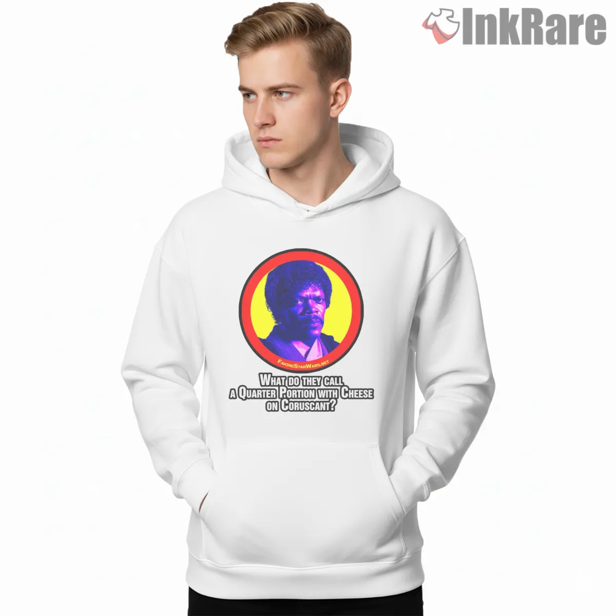 Quarter Portion With Cheese Galactic Mashup Shirt on white hoodie for men graphic tee
