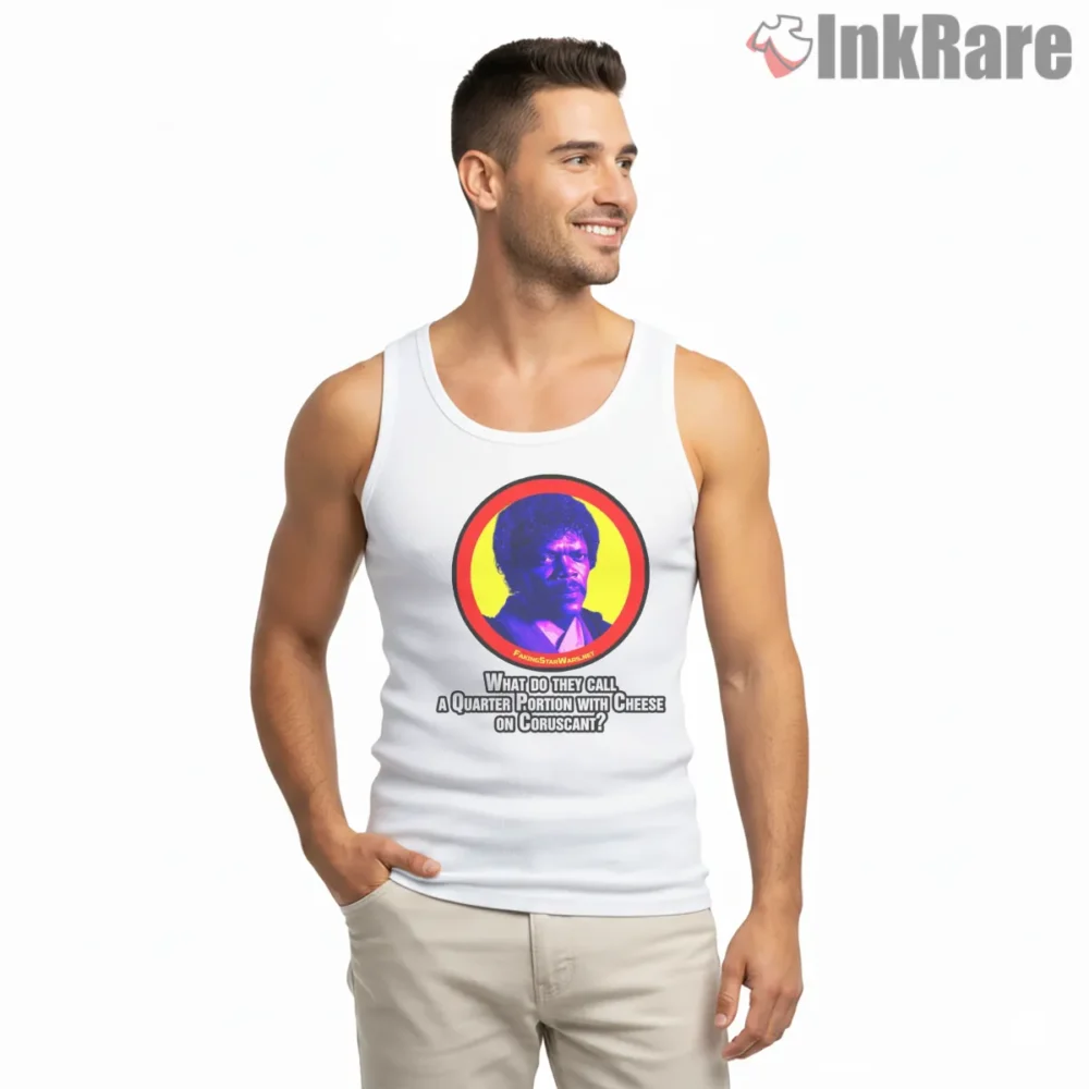 Quarter Portion With Cheese Galactic Mashup Shirt on white tank top for men graphic tee