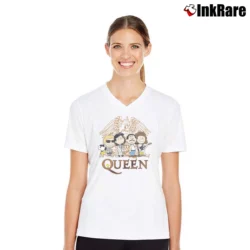 Women’s Queen Band Peanuts Snoopy Comic Style V-Neck Tee in white | Chic Neckline, Soft Texture
