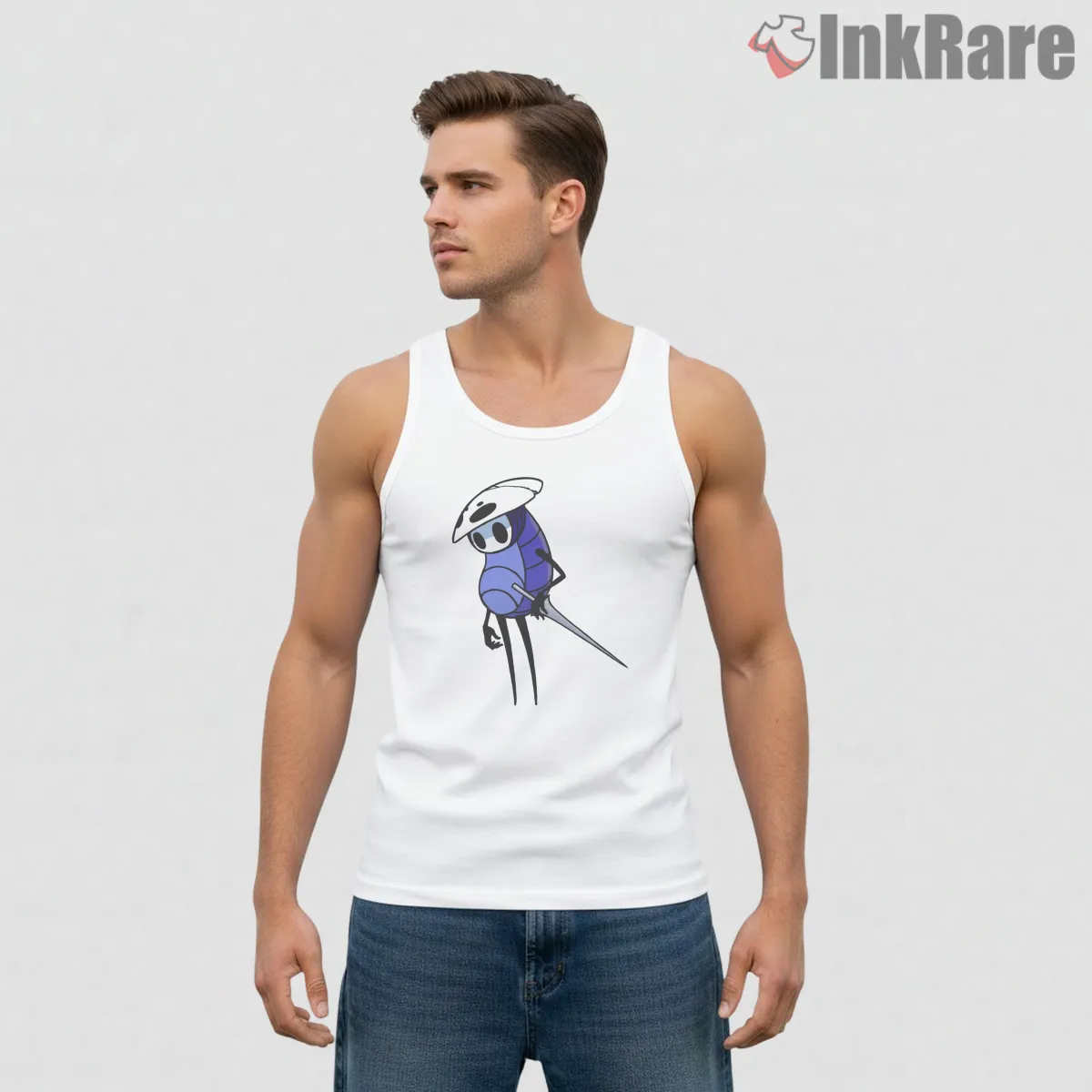 Quirrel Minimal Character Calm Pose Hollow Knight Shirt on white tank top for men graphic tee
