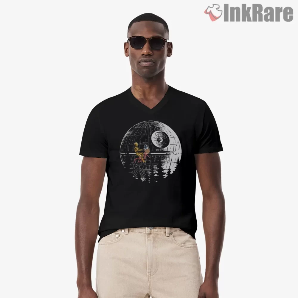 R2 D2 Extra Terrestrial Bicycle Parody Shirt on black v-neck shirt for men graphic tee
