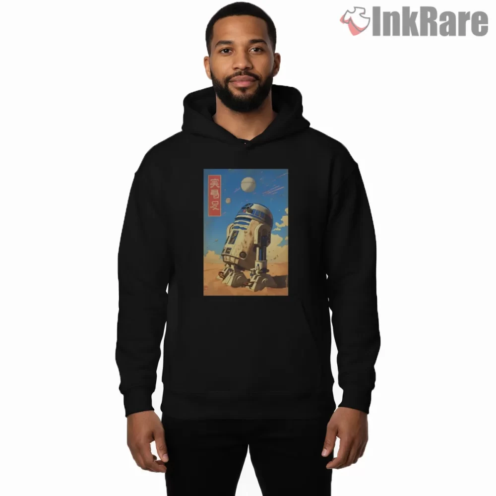 R2 D2 Vintage Manga Cover Art Shirt on black hoodie for men graphic tee