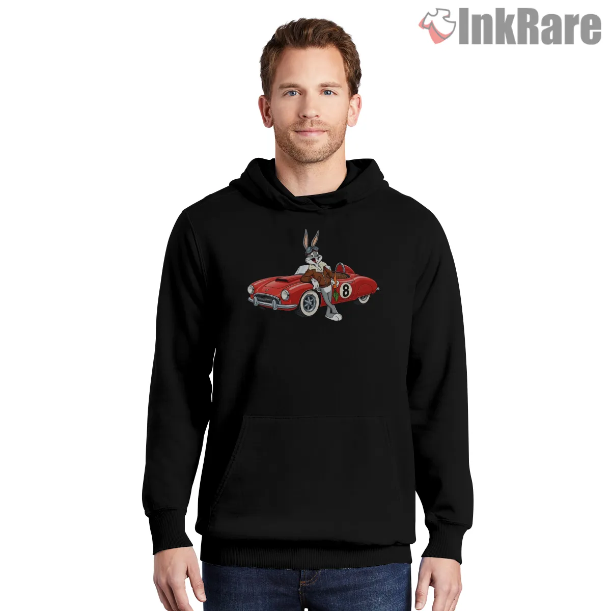 Racer Bugs Bunny Vintage Convertible Shirt on black hoodie for men graphic tee
