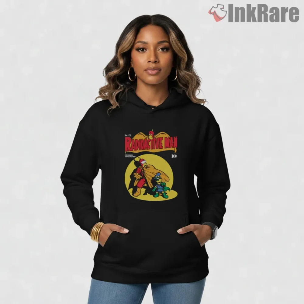Radioactive Man Comic Book Cover Retro Hero Parody Shirt on black hoodie for women graphic tee