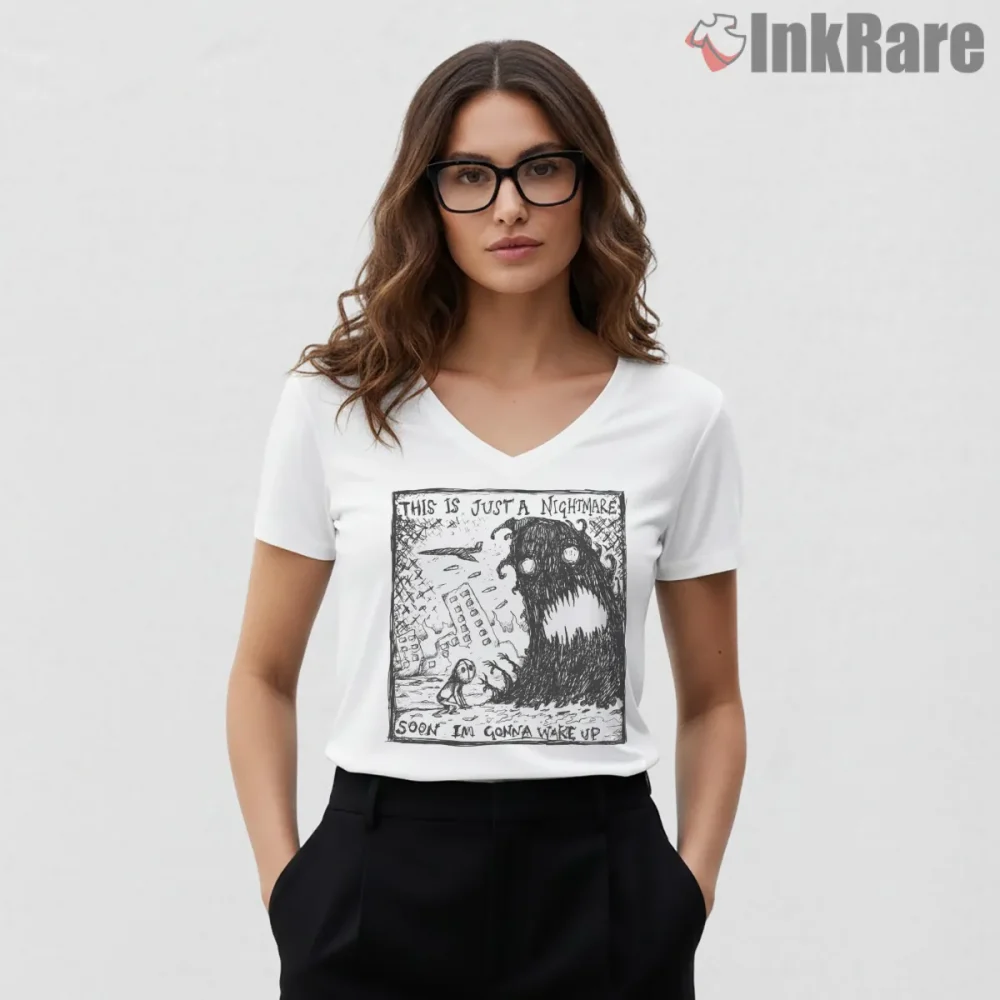 Radiohead 4 Minute Warning Nightmare Creature Shirt on white v-neck shirt for women graphic tee