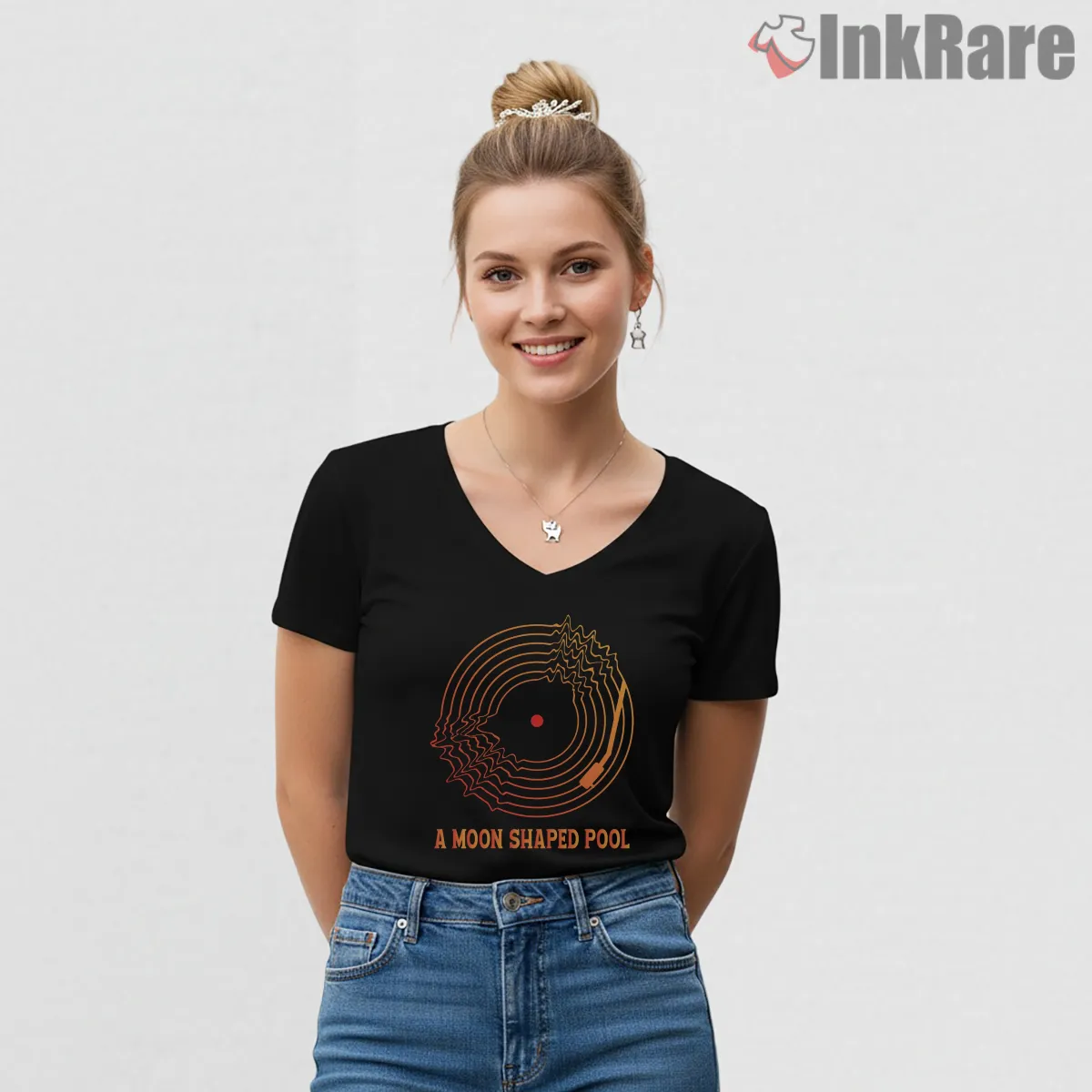 Radiohead A Moon Shaped Pool Abstract Vinyl V Neck Black Radiohead A Moon Shaped Pool Abstract Vinyl Shirt on black v-neck shirt for women graphic tee