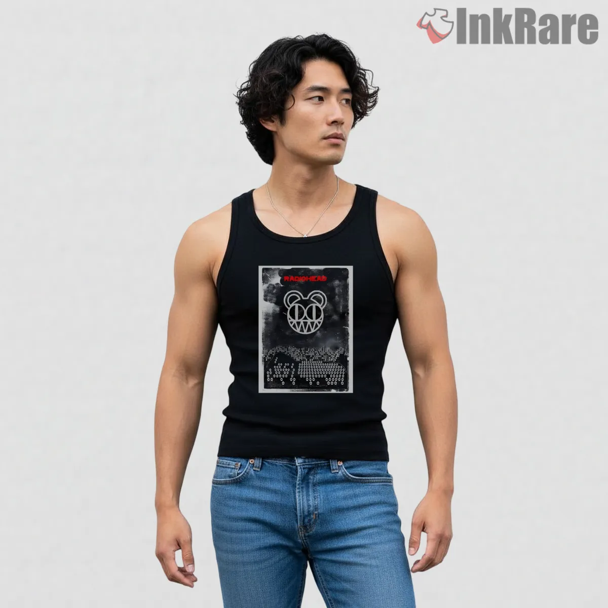 Radiohead Alternative Rock Distressed Bear Poster Shirt on black tank top for men graphic tee