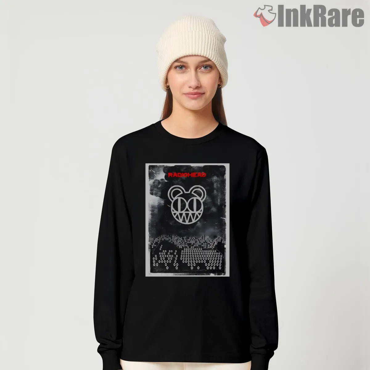 Radiohead Alternative Rock Distressed Bear Poster Long Sleeve Black Radiohead Alternative Rock Distressed Bear Poster Shirt on black long sleeve shirt for women graphic tee
