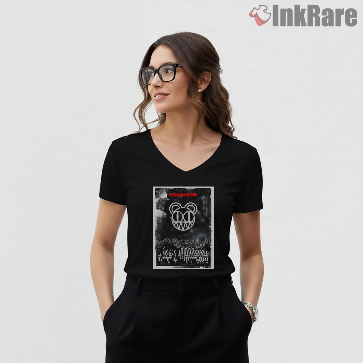 Radiohead Alternative Rock Distressed Bear Poster V Neck Black Radiohead Alternative Rock Distressed Bear Poster Shirt on black v-neck shirt for women graphic tee