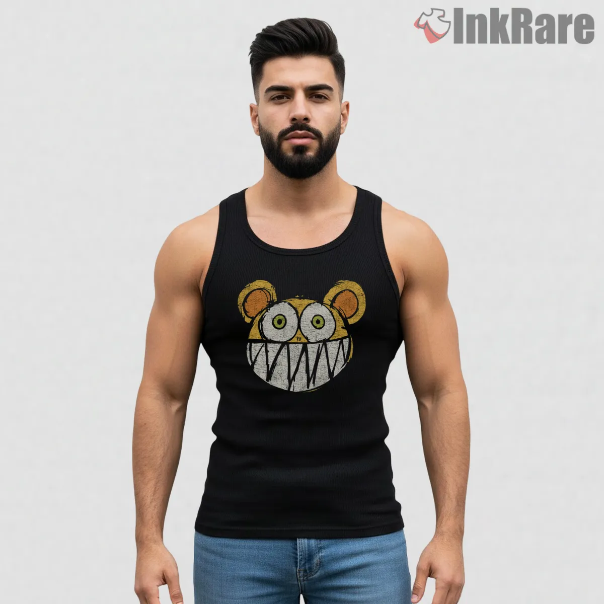 Radiohead Bear Logo Distressed Cartoon Tank Top Black Radiohead Bear Logo Distressed Cartoon Shirt on black tank top for men graphic tee