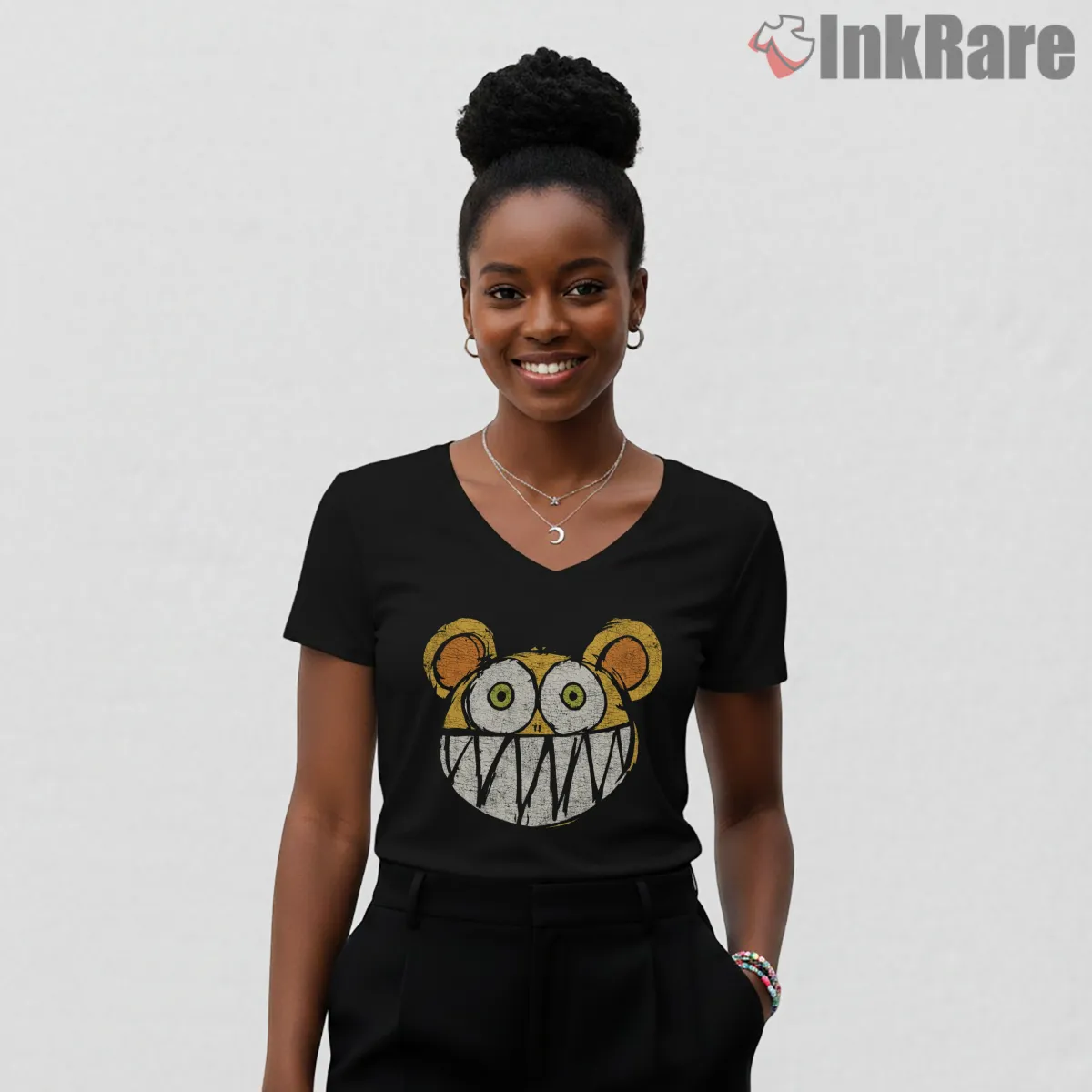 Radiohead Bear Logo Distressed Cartoon V Neck Black Radiohead Bear Logo Distressed Cartoon Shirt on black v-neck shirt for women graphic tee
