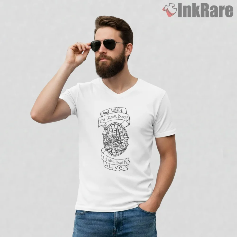 Radiohead Bloom Ocean Creature Sketch Shirt on white v-neck shirt for men graphic tee