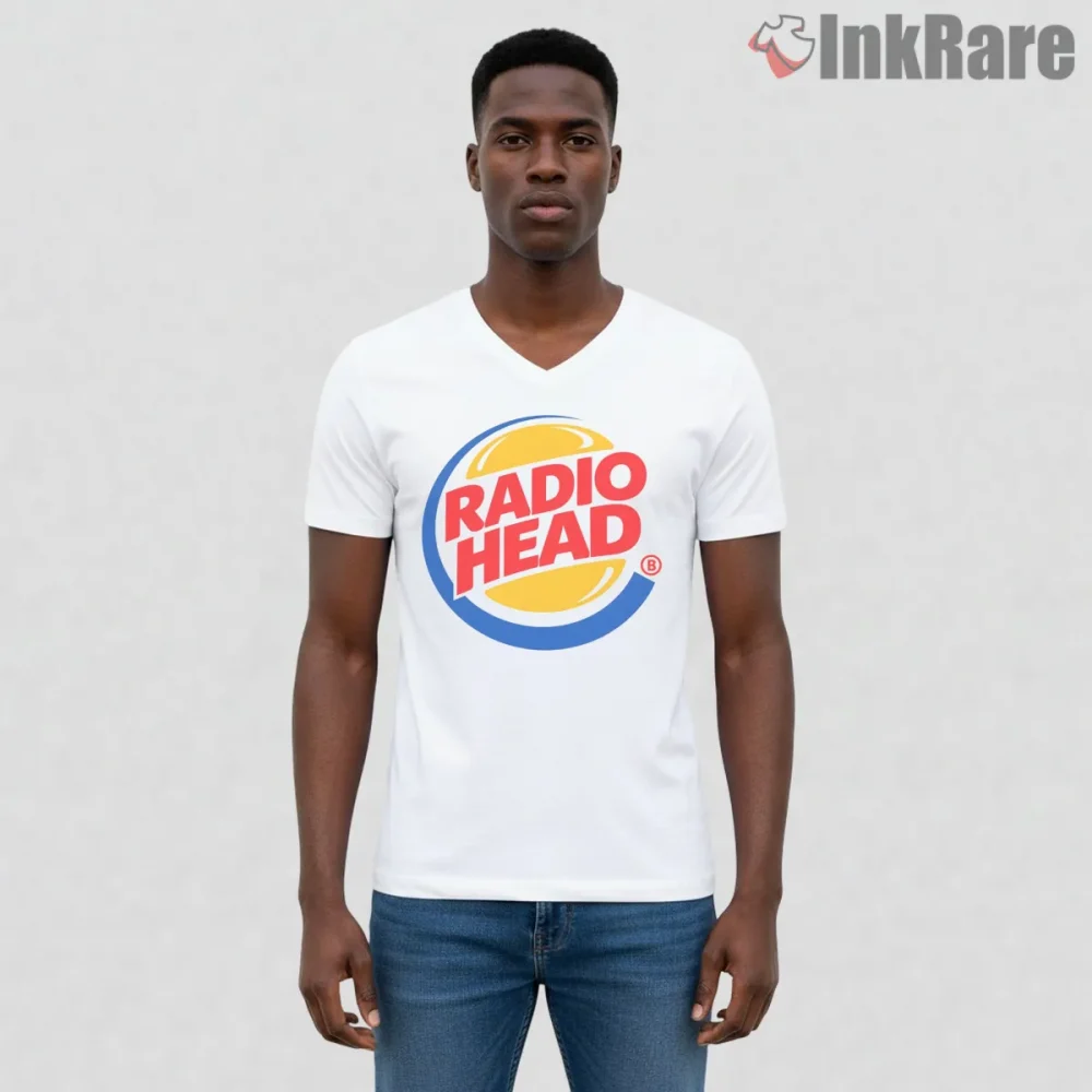 Radiohead Burger King Logo Parody Shirt on white v-neck shirt for men graphic tee