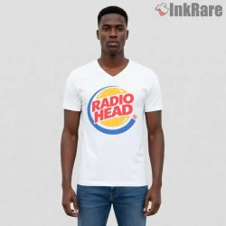 Radiohead Burger King Logo Parody Shirt on white v-neck shirt for men graphic tee